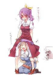 Rule 34 | !?, 3girls, 6 (yuchae), animal ears, ankle boots, belt, blonde hair, blush, boots, breasts, chibi, chibi inset, clothes lift, full-face blush, large breasts, long hair, multiple girls, musical note, pigeon-toed, ponytail, purple hair, quaver, rabbit ears, red eyes, reisen, seiza, siblings, simple background, sisters, sitting, skirt, skirt lift, touhou, translation request, under skirt, walk-in, watatsuki no toyohime, watatsuki no yorihime, yellow eyes