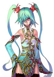 Rule 34 | 1girl, aqua hair, china dress, chinese clothes, detached sleeves, dress, hair over one eye, hatsune miku, highres, kansou samehada, long hair, project diva (series), project diva f, solo, thighhighs, twintails, vocaloid, white background, world&#039;s end dancehall (vocaloid)