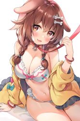 Rule 34 | 1girl, animal collar, animal ears, ayamy, blush, bone hair ornament, breasts, brown eyes, cartoon bone, cleavage, collar, dog ears, fang, hair ornament, highres, hololive, inugami korone, inugami korone (1st costume), jacket, large breasts, leash, looking at viewer, open mouth, red collar, simple background, sitting, sketch, skin fang, smile, solo, viewer holding leash, virtual youtuber, white background, yellow jacket