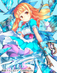Rule 34 | 1girl, :&lt;, blonde hair, blue bow, blue dress, blue eyes, blue gloves, blush, bow, cat, company name, copyright name, dress, flower, glass shards, gloves, hair bow, highres, holding, holding sword, holding weapon, long hair, matsuuni, parted lips, puffy short sleeves, puffy sleeves, red flower, red rose, reflection, rose, seirei fantasia, short sleeves, solo, striped clothes, striped thighhighs, sword, thighhighs, watermark, weapon