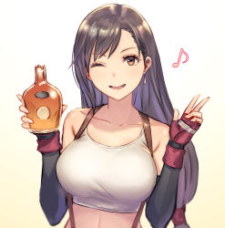 Rule 34 | 1girl, ;d, anbe yoshirou, arm warmers, bare shoulders, black hair, blurry, bottle, breasts, brown eyes, collarbone, crop top, earrings, final fantasy, final fantasy vii, fingerless gloves, gloves, gradient background, hands up, highres, holding, holding bottle, jewelry, large breasts, long hair, looking at viewer, low-tied long hair, musical note, one eye closed, open mouth, shirt, sleeveless, sleeveless shirt, smile, solo, stomach, suspenders, tank top, tifa lockhart, upper body, w, white shirt