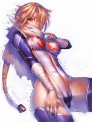 Rule 34 | 1girl, adapted costume, bandages, blonde hair, blue thighhighs, breasts, cameltoe, covered erect nipples, cowboy shot, dutch angle, elf, from side, fumio (rsqkr), hair ornament, hair over one eye, hand on thigh, highleg, highleg leotard, impossible clothes, impossible leotard, large breasts, leotard, long hair, long sleeves, looking at viewer, low-tied long hair, low ponytail, nintendo, parted lips, pointy ears, ponytail, red eyes, sheik, simple background, sketch, skin tight, solo, surcoat, taut clothes, the legend of zelda, thighhighs, very long hair, white background, wide hips