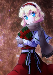 Rule 34 | 1girl, adapted costume, alice margatroid, blonde hair, blue eyes, blurry, bokeh, box, capelet, christmas present, depth of field, dress, gift, gift box, gloves, happy, highres, holding, holding gift, ikamagu, looking to the side, scarf, smile, solo, touhou