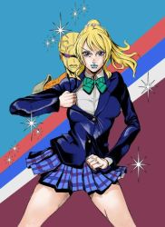Rule 34 | 1girl, artist name, artist request, ayase eli, bare legs, black jacket, blonde hair, blue cardigan, blue eyes, blue jacket, blue lips, blue skirt, blush, bow, bowtie, breasts, cardigan, checkered clothes, checkered skirt, clenched hand, collared shirt, female focus, floating hair, green bow, hair between eyes, hair ornament, hair scrunchie, high ponytail, jacket, jojo pose, long hair, long sleeves, looking at viewer, love live!, love live! school idol project, medium breasts, miniskirt, otonokizaka school uniform, parted lips, plaid, plaid skirt, pleated, pleated skirt, ponytail, school uniform, scrunchie, shirt, short hair, short sleeves, skirt, smile, solo, sparkle, striped, striped bow, v-shaped eyebrows, white scrunchie, white shirt