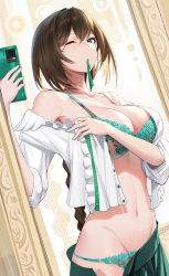 Rule 34 | 1girl, absurdres, blush, bra, braid, braided ponytail, breasts, brown hair, cellphone, chinese commentary, cleavage, collarbone, cowboy shot, frilled shirt, frills, garden01, green bra, green eyes, green hairband, green panties, green skirt, groin, hair between eyes, hair intakes, hair tie in mouth, hairband, highres, holding, holding phone, lace, lace bra, lace panties, large breasts, long hair, looking at viewer, mirror, mole, mole on breast, mouth hold, navel, off shoulder, one eye closed, open clothes, open shirt, open skirt, original, panties, parted lips, phone, pleated skirt, reflection, selfie, shirt, skirt, smartphone, solo, standing, stomach, underwear, white shirt