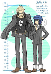 Rule 34 | 1boy, 1girl, androgynous, atlus, bad id, bad pixiv id, blonde hair, blue hair, cabbie hat, choumoku (toriko b c), crossdressing, glasses, hat, height chart, height difference, jacket, open clothes, open jacket, pants, pants rolled up, persona, persona 4, reverse trap, school uniform, shirogane naoto, shoes, short hair, skull, skull and crossbones, tatsumi kanji, translation request
