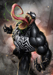 Rule 34 | 1boy, absurdres, black skin, claws, colored skin, embers, highres, long tongue, male focus, marvel, monster, monster boy, muscular, open mouth, patrick brown, sharp teeth, solo, spider-man (series), teeth, tongue, venom (marvel)