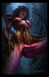 Rule 34 | 1girl, armor, ass, black border, border, breasts, claws, colored skin, from below, glowing, glowing eyes, hand on own thigh, long hair, looking at viewer, looking down, monster girl, parted lips, perspective, pink skin, purple skin, pussy, sarah kerrigan, signature, solo, spread legs, starcraft, starcraft 2: wings of liberty, tarakanovich, uncensored, wings