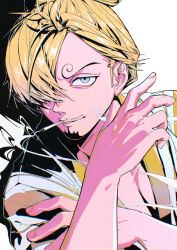 Rule 34 | 1boy, artist name, blonde hair, cigarette, commentary, curly eyebrows, facial hair, goatee, hair over one eye, highres, japanese clothes, looking at viewer, male focus, mygiorni, one eye covered, one piece, sanji (one piece), short hair, short sleeves, smile, smoke, solo, teeth, traditional clothes