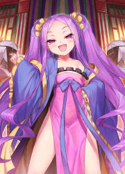 Rule 34 | 1girl, bare shoulders, breasts, collarbone, covered face, dress, fang, fate/grand order, fate (series), japanese clothes, long hair, looking at viewer, looking down, matanonki, open mouth, parted bangs, pelvic curtain, purple eyes, purple hair, robe, small breasts, smug, solo focus, standing, twintails, very long hair, wu zetian (fate), wu zetian (first ascension) (fate)