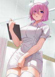 Rule 34 | 1girl, alternate costume, blush, breasts, chestnut mouth, clipboard, dress, eyes visible through hair, fate/grand order, fate (series), hair over one eye, hat, highres, holding, holding clipboard, infirmary, large breasts, mash kyrielight, nurse, nurse cap, open mouth, pink hair, purple eyes, short hair, short sleeves, solar (happymonk), solo, teeth, thighhighs, thighs, upper teeth only, white dress, white hat, white thighhighs, zettai ryouiki