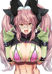 Rule 34 | 1girl, absurdres, animal ear fluff, animal ears, bikini, black bow, bow, breasts, cleavage, cosplay, covered erect nipples, craft essence (fate), cum, cum in mouth, cum on eyewear, cumdrip, fate/grand order, fate (series), female focus, florence nightingale (fate) (cosplay), florence nightingale (trick or treatment) (fate) (cosplay), fox shadow puppet, glasses, gloves, green bikini, green gloves, halloween, hat, highres, koyanskaya (assassin) (second ascension) (fate), koyanskaya (fate), large breasts, layered bikini, looking at viewer, mik yanase, nurse, nurse cap, purple bikini, rabbit ears, revealing clothes, solo, swimsuit, tamamo (fate), tongue, tongue out, twintails, yellow eyes