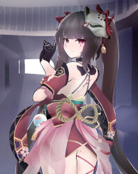 Rule 34 | 1girl, absurdres, bare shoulders, blush, bow, breasts, closed mouth, commentary, dress, english commentary, eyeliner, fox mask, hair ribbon, highres, honkai: star rail, honkai (series), japanese clothes, kimono, long hair, looking at viewer, makeup, mask, miko, red eyeliner, ribbon, self-upload, sidelocks, smile, solo, sparkle (honkai: star rail), spookm