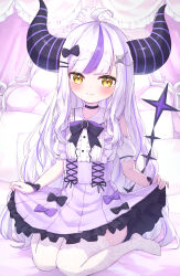 Rule 34 | absurdres, dress, highres, hololive, holox, horns, la+ darknesss, long hair, masaki (msk064), multicolored hair, purple hair, solo, streaked hair, thighs, virtual youtuber, white hair, yellow eyes