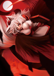 Rule 34 | 1girl, animal ears, breasts, detached sleeves, fang, full moon, hat, inubashiri momiji, large breasts, looking at viewer, moon, open mouth, pom pom (clothes), red eyes, red scarf, scarf, shield, short hair, silver hair, solo, sword, tail, teko, tokin hat, touhou, weapon, wolf ears, wolf tail
