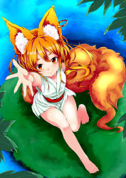 Rule 34 | 1girl, animal ears, bare legs, barefoot, blonde hair, feet, fox ears, fox tail, highres, japanese clothes, kimono, looking up, noa (nagareboshi), original, outstretched arm, outstretched hand, palms, red eyes, short hair, short kimono, sleeveless, sleeveless kimono, solo, tail, toes, water