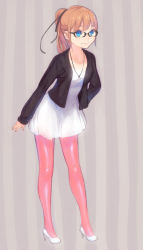Rule 34 | 1girl, blue eyes, brown hair, dress, glasses, hair ribbon, hand in pocket, high heels, jacket, jewelry, leaning forward, long hair, looking at viewer, necklace, original, pantyhose, pink pantyhose, ponytail, ribbon, shiohara shin&#039;ichi, shoes, smile, solo, striped, striped background