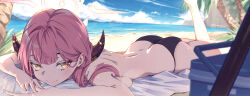 Rule 34 | 1girl, absurdres, aru (blue archive), ass, beach, bikini, black bikini, blue archive, blurry, blush, breast press, butt crack, cooler, demon horns, depth of field, halo, highres, horns, jhigf, looking at viewer, lying, mat, on stomach, outdoors, pink hair, smile, solo, swimsuit, topless, yellow eyes