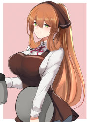Rule 34 | 10eki (tenchou), 1girl, absurdres, alternate costume, apron, blush, breasts, brown hair, coffee pot, collared shirt, cowboy shot, girls&#039; frontline, green eyes, hair between eyes, hair ribbon, hair rings, highres, holding, holding pot, holding tray, large breasts, long hair, looking at viewer, neck ribbon, outside border, pants, ponytail, pot, ribbon, shirt, sidelocks, simple background, smile, solo, springfield (girls&#039; frontline), tray, white shirt