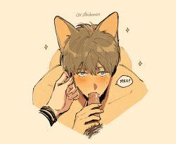 Rule 34 | 2boys, adam parrish, animal ears, bishounen, black wristband, blonde hair, blue eyes, blush, cat boy, cat ears, catbishonen, completely nude, couple, cropped torso, erection, fellatio, highres, kemonomimi mode, looking at viewer, male focus, male pubic hair, multiple boys, nude, oral, out of frame, penis, pov, pubic hair, ronan lynch, short hair, simple background, solo focus, sparkling aura, speech bubble, sweat, the raven cycle, yaoi