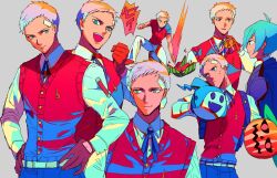 Rule 34 | 2boys, bandaid, bandaid on face, bandaid on forehead, black jacket, black ribbon, blue hair, closed mouth, collared shirt, commentary, food, fruit, gekkoukan high school uniform, gloves, grey background, grey hair, hands on own hips, jack frost (megami tensei), jacket, long sleeves, looking at another, male focus, medal, mizu cx, multiple boys, multiple views, neck ribbon, open mouth, pants, persona, persona 3, pyro jack, red gloves, red sweater vest, ribbon, sanada akihiko, school uniform, shirt, short hair, smile, sweater vest, upper body, watermelon, white pants, white shirt, yuuki makoto (persona 3)