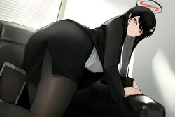 Rule 34 | 1girl, black hair, black jacket, black pantyhose, black skirt, blackcat enjia, blue archive, blush, bright pupils, closed mouth, couch, halo, hashtag-only commentary, highres, indoors, jacket, long hair, looking at viewer, office lady, on couch, open clothes, open jacket, pantyhose, pencil skirt, red eyes, rio (blue archive), side slit, skirt, solo, tablet pc