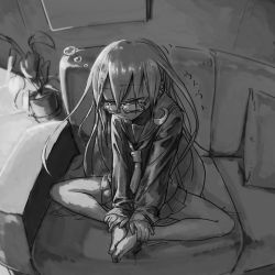 Rule 34 | 1girl, barefoot, butterfly sitting, couch, crescent, cushion, feet together, glasses, greyscale, hair between eyes, kantai collection, knees apart feet together, long hair, long sleeves, messy hair, mochizuki (kancolle), monochrome, neckerchief, plant, pleated skirt, potted plant, sailor collar, school uniform, serafuku, sitting, skirt, solo, yasushi