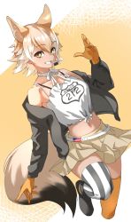 Rule 34 | 1girl, absurdres, american flag, animal ear fluff, animal ears, asymmetrical legwear, black jacket, brown eyes, clothes writing, collarbone, commentary, coyote (kemono friends), extra ears, gloves, grin, hair between eyes, headset, highres, jacket, kemono friends, kemono friends v project, light brown hair, looking at viewer, midriff, multicolored hair, navel, off shoulder, open clothes, open jacket, orange gloves, orange thighhighs, short hair, skirt, smile, solo, striped clothes, striped thighhighs, tail, tanabe (fueisei), thighhighs, vertical-striped clothes, vertical-striped thighhighs, virtual youtuber, white hair, wolf ears, wolf tail