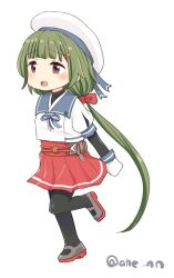 Rule 34 | 1girl, ahenn, black pantyhose, blue sailor collar, blunt bangs, full body, gloves, green hair, hat, kantai collection, layered sleeves, long hair, long sleeves, low ponytail, noumi (kancolle), pantyhose, pleated skirt, purple eyes, red skirt, running, sailor collar, sailor hat, sailor shirt, school uniform, serafuku, shirt, short over long sleeves, short sleeves, simple background, skirt, solo, twitter username, white background, white gloves, white hat, white shirt