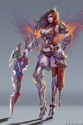 Rule 34 | 1girl, armor, armored boots, bare shoulders, bikini armor, blue eyes, boots, breasts, brown hair, cleavage, elf, gradient background, hair ornament, hand on own hip, high heel boots, high heels, highres, long hair, looking at viewer, magic, panties, pauldrons, pointy ears, shadow, shoulder armor, solo, sword, thighhighs, underwear, vambraces, weapon, zudarts lee