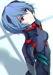 Rule 34 | 1girl, ayanami rei, black bodysuit, blue hair, blurry, bodysuit, breasts, chromatic aberration, from above, hair between eyes, hair ornament, interface headset, karlwolf, looking up, neon genesis evangelion, open mouth, pilot suit, plugsuit, rebuild of evangelion, red eyes, short hair, simple background, skin tight, small breasts, solo, standing, turtleneck, upper body