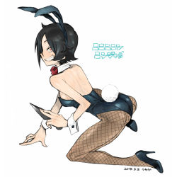 Rule 34 | 1girl, animal ears, ass, black hair, blush, bow, bowtie, dated, fake animal ears, fake tail, fishnet pantyhose, fishnets, holding, holding weapon, kunai, kusada, leotard, looking at viewer, open mouth, original, pantyhose, playboy bunny, rabbit ears, rabbit tail, red bow, red bowtie, red eyes, seiza, sitting, smile, solo, tail, teeth, weapon, wrist cuffs
