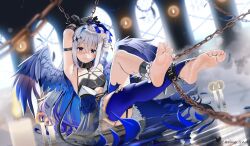 Rule 34 | 1girl, amane kanata, amane kanata (another world), angel wings, ankle cuffs, arm strap, armpits, arms up, barefoot, black collar, black gloves, blue eyes, blue hair, blue thighhighs, blush, candle, casino (casinoep), chain, closed mouth, collar, colored inner hair, crossed bangs, detached leggings, feet, full body, gloves, grey hair, hair between eyes, hololive, indoors, knee up, legs, long hair, multicolored hair, revision, single thighhigh, sitting, smile, soles, solo, spread toes, thighhighs, toenails, toes, twitter username, two-tone hair, very long hair, virtual youtuber, wings