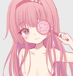 Rule 34 | 1girl, :3, blush, breasts, closed mouth, facial mark, grey background, hair censor, hair over breasts, hairband, hand up, head tilt, holding, nude, one eye covered, original, purple eyes, red hairband, satori (ymoy), simple background, small breasts, solo, symbol-shaped pupils, upper body