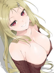 Rule 34 | 1girl, armpit crease, bare shoulders, blonde hair, breasts, brown sweater, cleavage, from above, grin, hair ornament, hairclip, kinako (mzknk0), large breasts, long hair, looking at viewer, mole, mole under mouth, no bra, off-shoulder sweater, off shoulder, red eyes, senran kagura, shadow, shiki (senran kagura), simple background, smile, solo, sweater, tsurime, upper body, white background