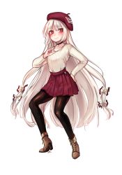 Rule 34 | 1girl, beret, black choker, black pantyhose, blunt bangs, blush, boots, bow, brown footwear, buttons, choker, closed mouth, collarbone, contemporary, cross-laced footwear, fujiwara no mokou, full body, glint, hair bow, hand on own hip, hand up, hat, high heels, highres, index finger raised, lace-up boots, long hair, long sleeves, looking at viewer, miniskirt, ofuda, pantyhose, pleated skirt, red eyes, red hat, red skirt, ribbed sweater, shan, shiny clothes, silver hair, skirt, smile, solo, source request, standing, sweater, touhou, transparent background, very long hair, white bow, white sweater