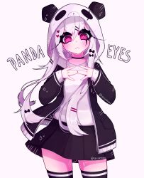 Rule 34 | 1girl, absurdres, animal hood, ariimaw, black skirt, black thighhighs, blush, bow, breasts, choker, english text, fingers together, frown, hair bow, hair ornament, hairclip, heart, heart hair ornament, highres, hood, hood up, long eyelashes, long sleeves, looking at viewer, original, panda, panda hood, pink background, pink eyes, pleated skirt, scar, scar across eye, scar on face, shirt, skirt, solo, striped clothes, striped thighhighs, thighhighs, twitter username, white shirt