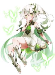 Rule 34 | 1girl, absurdres, blush, bracelet, bug, butterfly, cape, child, commentary request, cross-shaped pupils, detached sleeves, dress, genshin impact, gradient hair, green cape, green eyes, green hair, green sleeves, hair ornament, highres, insect, jewelry, leaf hair ornament, long hair, mii (ptmii g), multicolored hair, nahida (genshin impact), pointy ears, side ponytail, smile, solo, symbol-shaped pupils, toeless footwear, white dress, white footwear, white hair