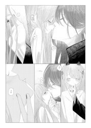Rule 34 | 1boy, 1girl, absurdres, age difference, bishounen, closed eyes, comic, couple, greyscale, hand on another&#039;s chin, hetero, highres, kiss, long hair, long sleeves, monochrome, msa (fary white), original, playing with another&#039;s hair, shirt, translation request