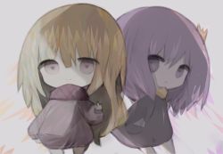 Rule 34 | 2girls, bad id, bad pixiv id, black dress, brown eyes, brown shirt, character request, chibi, closed mouth, commentary request, cottontailtokki, crown, dress, grey background, hair between eyes, long sleeves, looking at viewer, mini crown, multiple girls, puffy long sleeves, puffy sleeves, purple eyes, purple hair, shadowverse, shingeki no bahamut, shirt, sleeves past wrists, smile, spinaria (shingeki no bahamut), standing