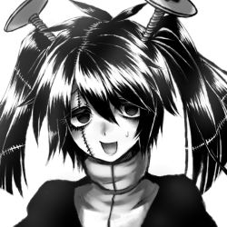 Rule 34 | 1girl, bad id, bad pixiv id, bags under eyes, funamusea, greyscale, kumori (mogeko), monochrome, open mouth, porupu, screw, short twintails, solo, stitches, turtleneck, twintails, two side up, upper body