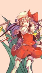 Rule 34 | 1girl, ascot, blonde hair, blush, female focus, flandre scarlet, hat, hat ribbon, highres, laevatein, open mouth, red eyes, ribbon, short hair, side ponytail, skirt, smile, solo, thighhighs, touhou, vest, wenny02, white thighhighs, wings