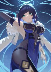 Rule 34 | 1girl, absurdres, asymmetrical gloves, blue hair, bracelet, breasts, coat, commentary, dark blue hair, elbow gloves, fur collar, genshin impact, gloves, highres, jewelry, large breasts, looking at viewer, neko hiiragi, parted lips, short hair, smile, solo, white coat, white gloves, yelan (genshin impact)