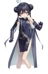 Rule 34 | 1girl, 1other, absurdres, black dress, black gloves, black hair, blue archive, blush, breasts, butterfly hair ornament, china dress, chinese clothes, coat, cropped legs, double bun, dragon, dragon print, dress, eastern dragon, gloves, grey eyes, hair bun, hair ornament, halo, highres, jacket, kisaki (blue archive), knees together feet apart, lifting another&#039;s clothes, lifting person, long hair, looking at viewer, off shoulder, side slit, simple background, single bare shoulder, sleeveless, small breasts, twintails, white background, yoon cook