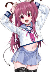 Rule 34 | 1girl, :d, absurdres, ahoge, angel beats!, arms up, black choker, black ribbon, blue sailor collar, blue skirt, blush, bracelet, choker, cowboy shot, demon tail, eyelashes, fake tail, fang, hair between eyes, hair ribbon, happy, highres, jewelry, long hair, long sleeves, looking at viewer, miniskirt, navel, neckerchief, open mouth, pink hair, pink neckerchief, pleated skirt, red eyes, ribbon, sailor collar, school uniform, shirt, sidelocks, simple background, skirt, smile, solo, standing, stomach, straight-on, straight hair, tail, thigh gap, thigh strap, two side up, very long hair, white background, white shirt, yui (angel beats!), zenoo