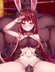 Rule 34 | 1boy, 1girl, animal ears, animated, artist request, bottomless, breasts, fake animal ears, hetero, highres, muscular, muscular male, no panties, penis, pointy ears, pussy, reverse upright straddle, salute, sex, sex from behind, size difference, spread legs, tagme, video