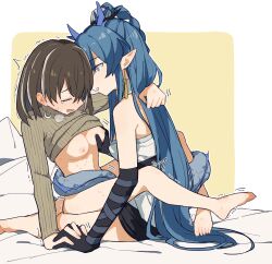 Rule 34 | 2girls, arknights, blue hair, blush, breasts, brown hair, brown sweater, closed eyes, clothes lift, coldcat., commentary request, ear blush, earrings, feet, highres, holding hands, horns, interlocked fingers, jewelry, ling (arknights), long hair, magallan (arknights), medium breasts, medium hair, multiple girls, nipples, parted lips, pointy ears, second-party source, single earring, sweater, sweater lift, tail, tail wrap, toes, trembling, yuri