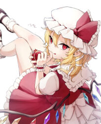 Rule 34 | 1girl, black footwear, blonde hair, crying, flandre scarlet, frilled skirt, frills, hair between eyes, hat, highres, honotai, knees, long hair, mob cap, pointy ears, red eyes, red skirt, red vest, shirt, shoes, short sleeves, side ponytail, simple background, skirt, socks, solo, tongue, tongue out, touhou, twitter username, vest, white background, white hat, white shirt, white socks, wings