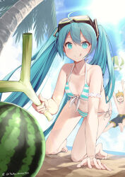 Rule 34 | 1boy, 1girl, absurdres, all fours, aqua bikini, aqua eyes, aqua hair, ball, beach, beachball, bikini, blue sky, breasts, cloud, day, diving mask, diving mask on head, food, front-tie bikini top, front-tie top, fruit, goggles, goggles on head, hatsune miku, highres, horizon, kagamine len, ocean, outdoors, palm tree, side-tie bikini bottom, sky, small breasts, solo focus, spring onion, striped bikini, striped clothes, swimsuit, taka.yana, tongue, tongue out, tree, twintails, vocaloid, watermelon