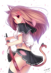 Rule 34 | 1girl, animal ears, ass, bad id, bell, black thighhighs, bloom, blush, brown eyes, brown hair, caidychen, cat ears, cat tail, cherry blossoms, cowboy shot, dated, floral print, hair ornament, hairclip, highres, jingle bell, katana, long hair, looking back, no panties, original, petals, pleated skirt, red eyes, school uniform, serafuku, sheath, sheathed, signature, skindentation, skirt, solo, sword, tail, tail bell, tail ornament, thighhighs, weapon, wind, wind lift